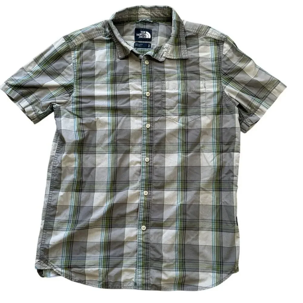 The North Face Mens shirt, size medium. Lightweight, Tan & Green Plaid Design